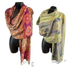 Pashmina Women's Scarf Lot of 2 Blue Green Pink Paisley Aztec Made in India Wrap